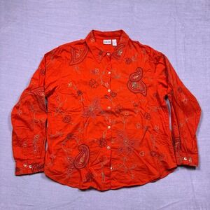 Chico's Orange‎ Embroidered Paisley Cotton Blouse Top Button Down Size 3